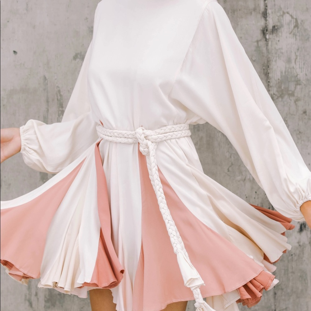 Red Dress Boutique White and Dusty Pink Long Sleeve Flare Dress